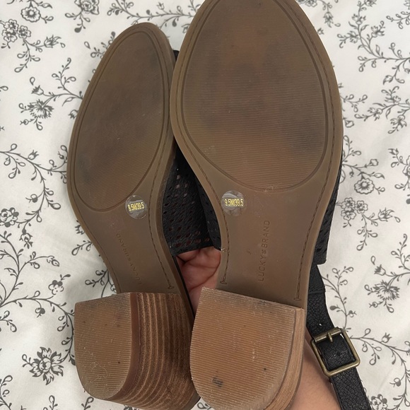 Lucky Brand Sling-back open toe Black leather mules ankle heeled sandals booties - Picture 5 of 11